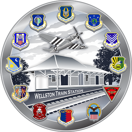 Robins 80 logo with train station, shields, and aircraft
